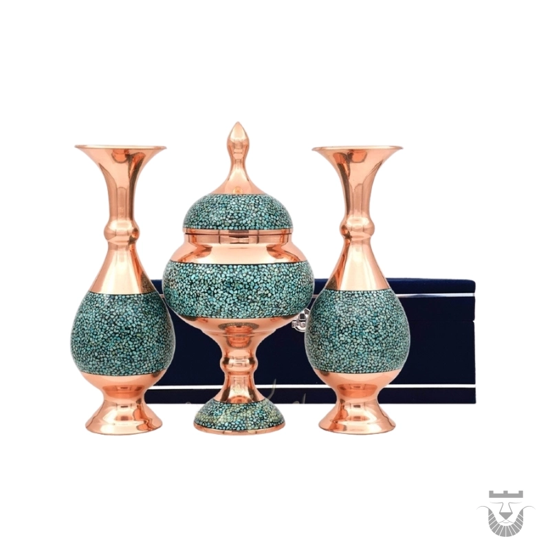 Persian Chocolate Dish and Vase Set: Turquoise Inlay