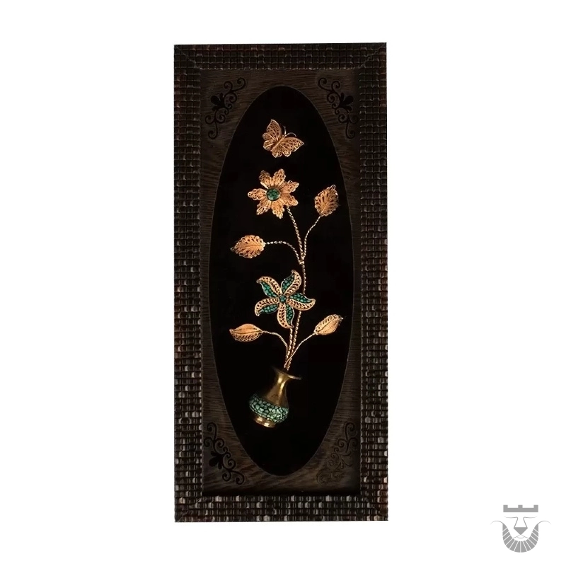 Persian Handcrafted Tableau: Turquoise Inlaid Copper Floral Art