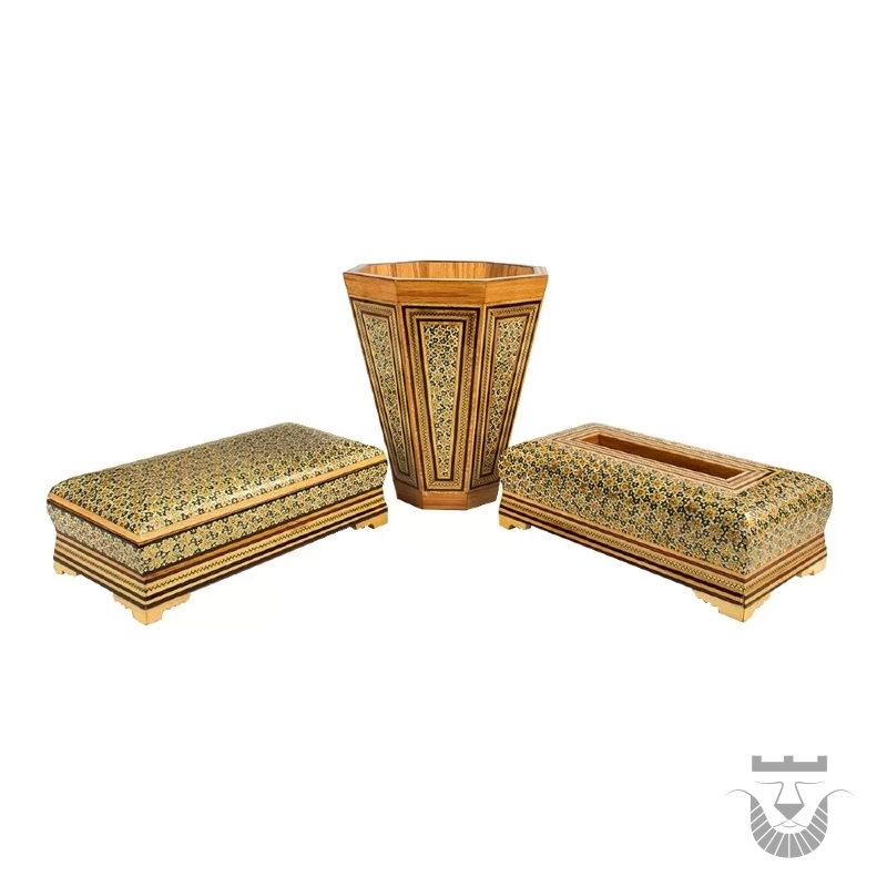 Persian Khatam Gift Set: Wastebin, Tissue, & Cutlery