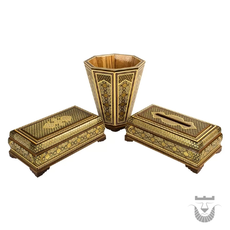 Persian Luxury Khatam Set: Wastebin, Tissue, & Cutlery