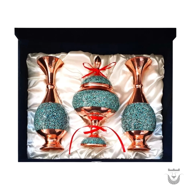 Persian Chocolate Dish and Vase Set: Turquoise Inlay