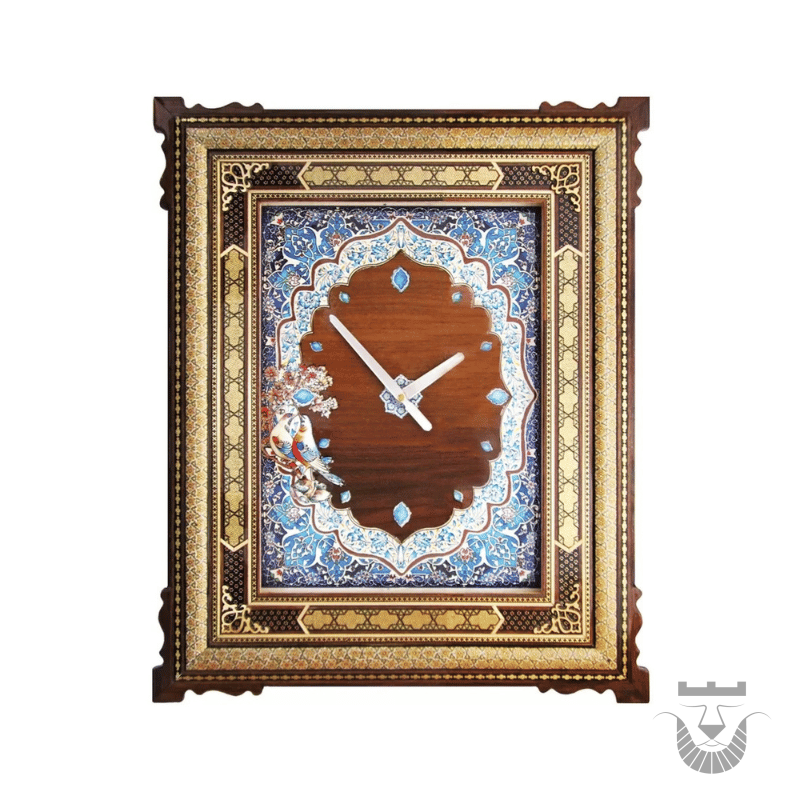 Persian Drops Khatamkari Clock with Floral, Bird, and Tezhib Design