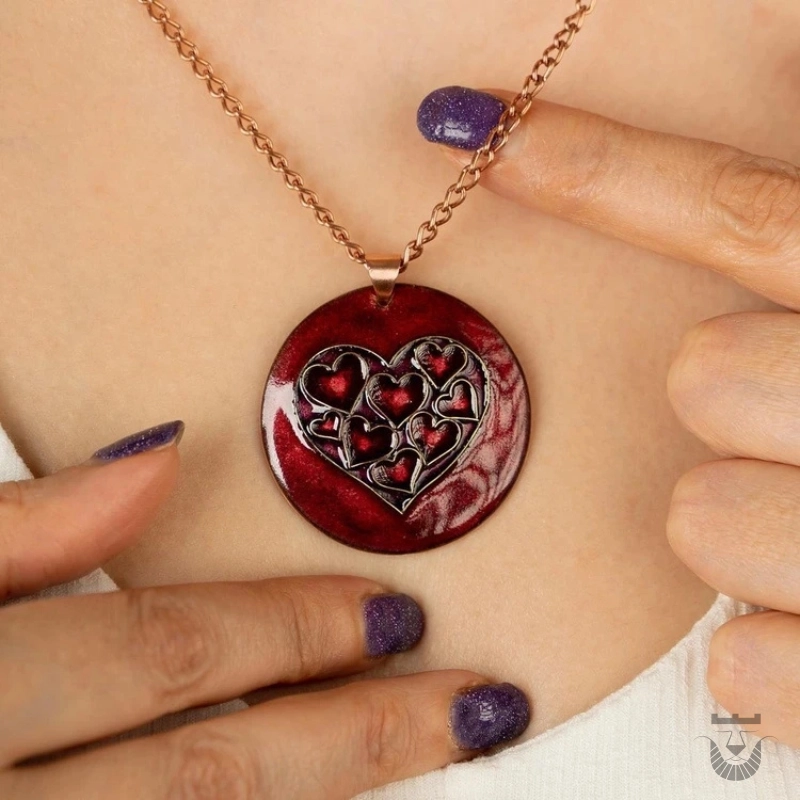Persian Women's Necklace: Copper and Enamel Heart Design