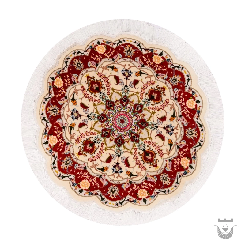 Hand-Knotted Round Silk Persian Carpet from Tabriz