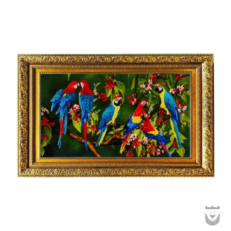 Luxurious Raised Silk Parrot Design Persian Tabriz Tapestry