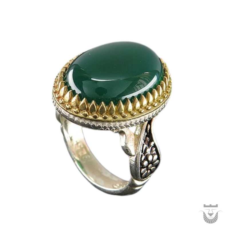 Persian Brass Crown Green Agate Silver Ring