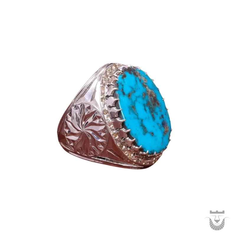 Luxurious Handmade Persian Turquoise Ring with Filigree and Mirror Work