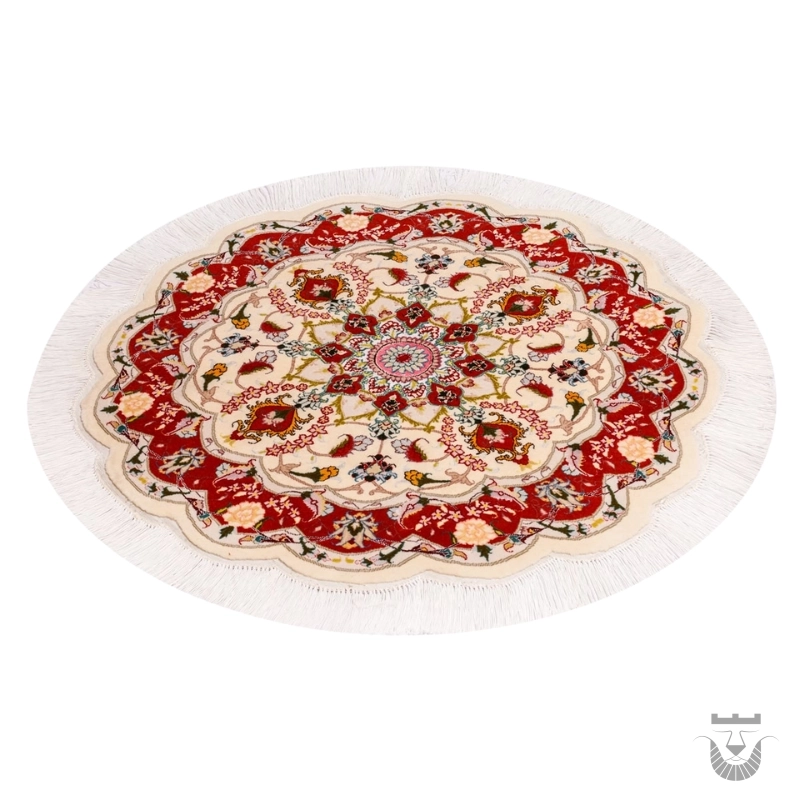 Hand-Knotted Round Silk Persian Carpet from Tabriz