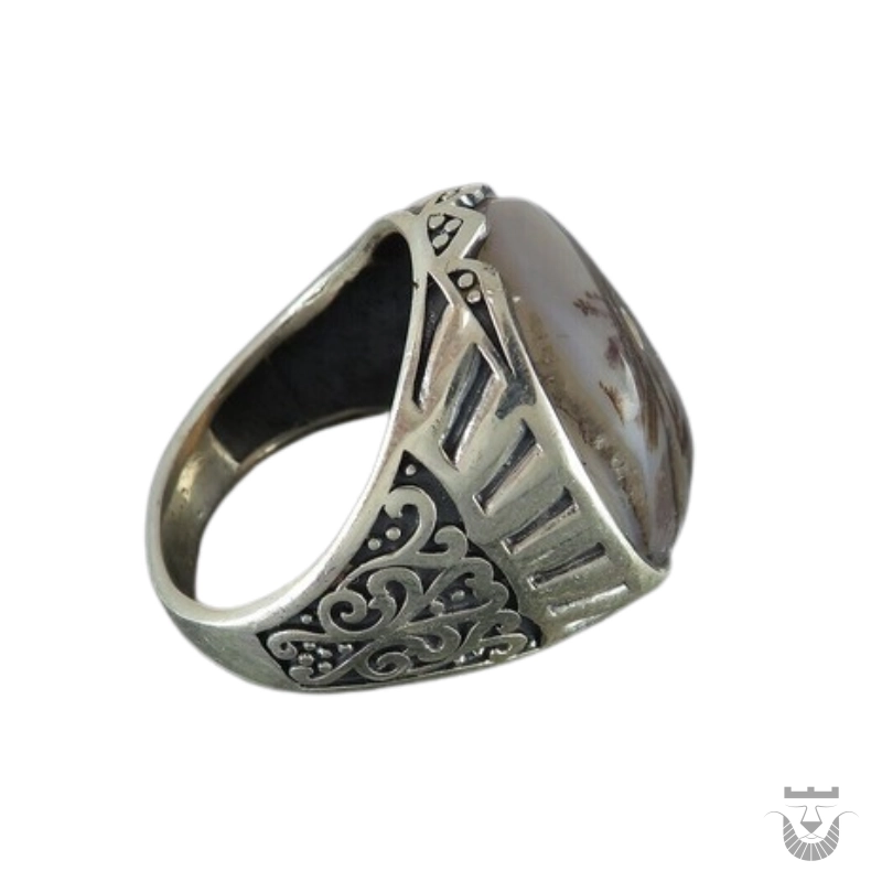 Exquisite Persian Handmade Men's Silver Ring with Dendritic Agate