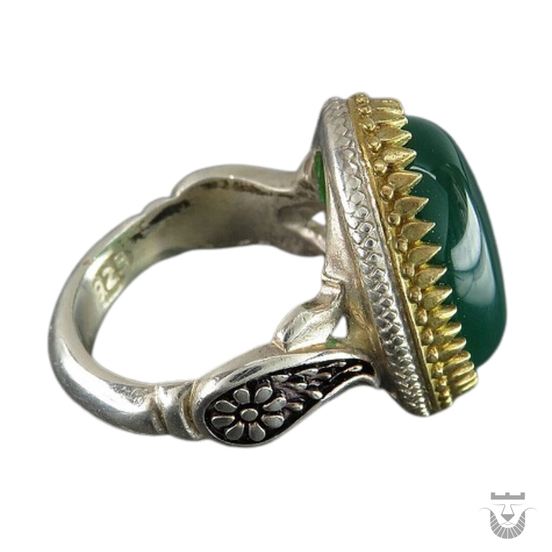 Persian Brass Crown Green Agate Silver Ring