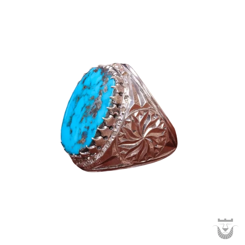Luxurious Handmade Persian Turquoise Ring with Filigree and Mirror Work