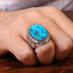 Luxurious Handmade Persian Turquoise Ring with Filigree and Mirror Work