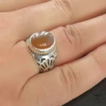 Men's Orange Yemeni Agate Persian Silver Ring