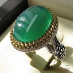 Persian Brass Crown Green Agate Silver Ring
